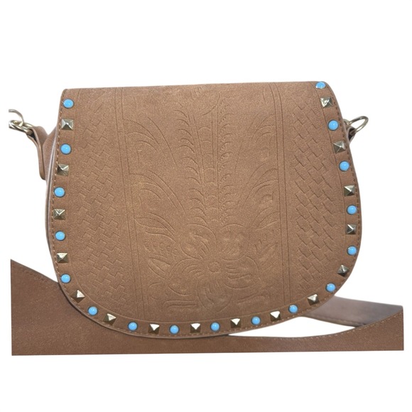 Kiss Me Couture Handbags - Kiss Me Couture Tan Faux Suede Studded Turquoise Crossbody Saddle Bag Boho